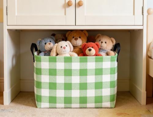 Image of Rectangular Kids Baskets Green grid Basket Cute Storage Bins Organizer Box Boys Room Decor for Home.(Green grid)