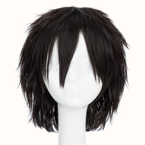 Image of S-noilite Short Brown Cosplay Hair Wig for Unisex Women Men Pixie Layered Wigs for Halloween Anime Costume Party Fluffy Synthetic Wigs (Dark Brown)