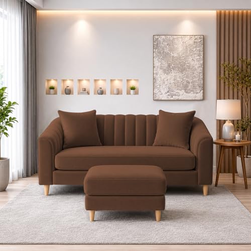 Image of Doraldo 2 Seater Sofa Set with Ottoman for Living Room (Brown) Premium Fabric Sofa