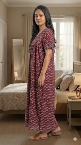 Image of Evolove Cotton Nighty Maxi for Women with Side Pocket | Floral Print Round Neck Short Sleeves Full Length Night Wear Gown