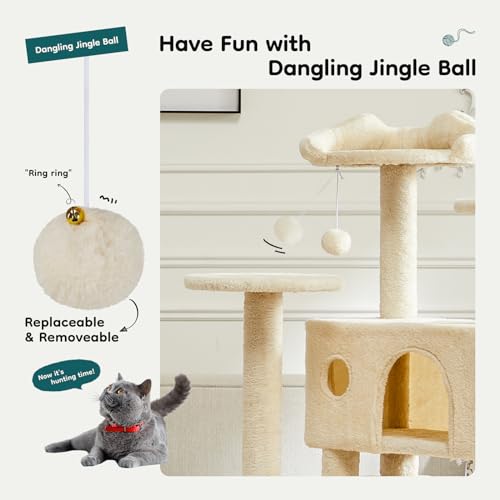 DUMOS 54-inch Indoor Cat Tree Tower –Multi-Level Pet House for Large Cats with 2 Condos, Scratching Posts, Round Platform, Small Ladder, and Toys, Beige - Image 5