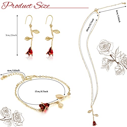 Sureio 18K Gold Plated Jewelry Set Rose Necklace Bracelet Earrings Red Rose Flower Pendant for Christmas Gift Women2