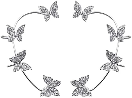 Shining Butterfly Ear Cuffs Zircon Butterfly Earrings for Women Ear Cuffs for Women Non Piercing Ear Wrap Around Earrings for Girls (Silver)
