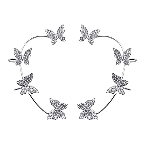 Shining Butterfly Ear Cuffs Zircon Butterfly Earrings For Women Ear Cuffs For Women Non Piercing Ear Wrap Around Earrings For Girls (Silver) #TOP3