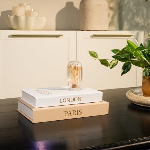 Image of Decorative Books with Storage (Caramel /Beige) - Set of 2 Faux Linen Book Boxes with Gold Stamped Covers - Enhance Your Coffee Table, Bookshelf Decor - Hidden Storage for Photos, Keepsakes, and Jewelry