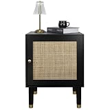 Oxendon Black Nightstand with Natural Rattan Door, Side Table End Table Bedside Table Mid Century Mo
