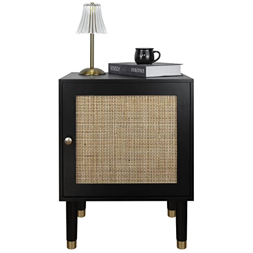Oxendon Black Nightstand With Natural Rattan Door, Side Table End Table Bedside Table Mid Century Modern Night Stand Accent Table For Bedroom Living Room And Small Spaces #TOP6