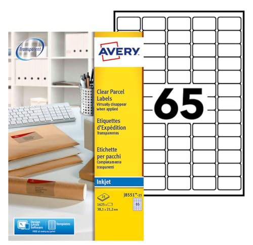 Étiquettes transparentes AVERY J8551-25 jet d'encre 1625 pièces
