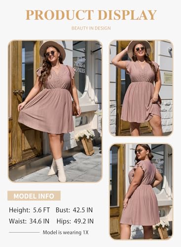 Image of Eytino Plus Size Dresses for Women Summer Ruffle Cap Sleeve Lace V Neck Embroidery Eyelet A Line Dress(1X-5X)