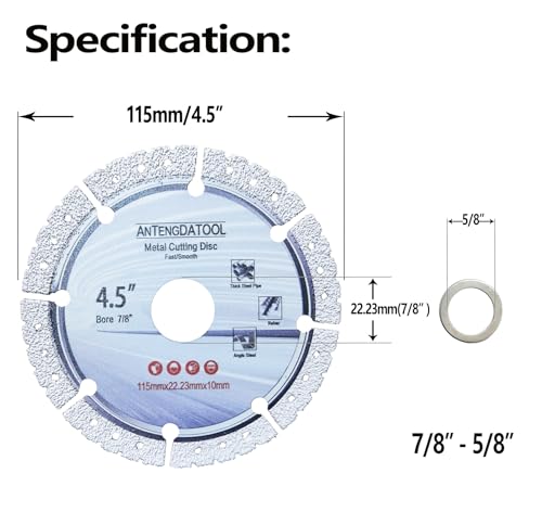 ANTENGDATOOL 4-1/2 Inch Diamond Cut Off Wheel for Metal, 4.5" Angle Grinder Cutting Grinding Disc on Cast Iron Steel Rebar Carbide Stainless Saw Blades with 7/8“ Arbor by ANTENGDATOOL - Used condition - Image 5
