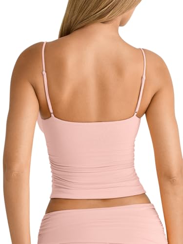 Image of PINKMSTYLE Women's Sexy V Neck Ruched Cami Top Sleeveless Spaghetti Double Layer Fitted Crop Tank Tops