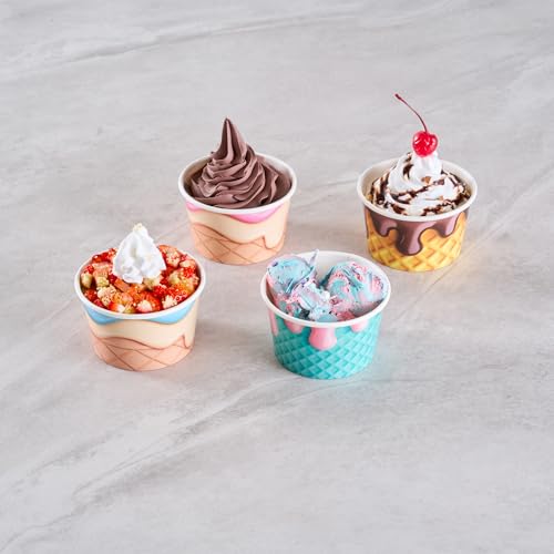 Image of Restaurantware Paper Cups 200 Count 8 Ounce Square Disposable Ice Cream Containers, Leak-Resistant Paper Dessert To Go Cups, Hot And Cold Food, Durable Assorted Cone Design
