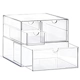 Prsildan Acrylic Drawer Makeup Organizer with 4 Drawers, Set of 2 Office Desk Organizers Accessories, Clear Stackable Storage Drawers for Vanity, Countertop, Craft, Jewelry, Art Supply Organization