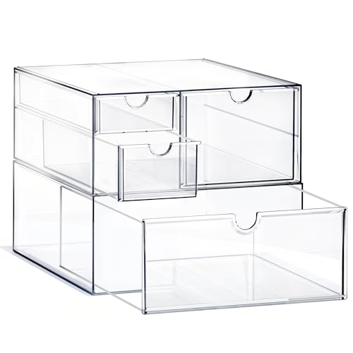 Prsildan Acrylic Drawer Makeup Organizer with 4 Drawers, Set of 2 Office Desk Organizers Accessories, Clear Stackable Storage Drawers for Vanity, Countertop, Craft, Jewelry, Art Supply Organization