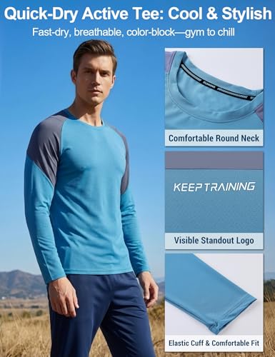 Image of Venzina Men's Long Sleeve Workout Shirt Color Block Quick Dry Athletic Top, Moisture Wicking Fitness & Running Shirt, Breathable Sportswear Tee for Gym, Sports, Casual Wear