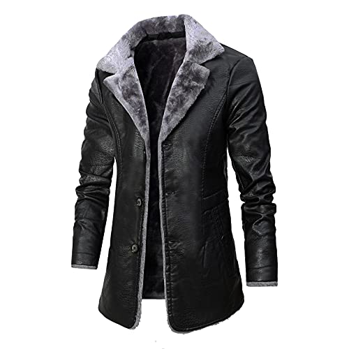 Men's Winter 3/4 Length PU Faux Fur Coat Long Jacket, Heavy Motorcycle Jacket Vintage Coat