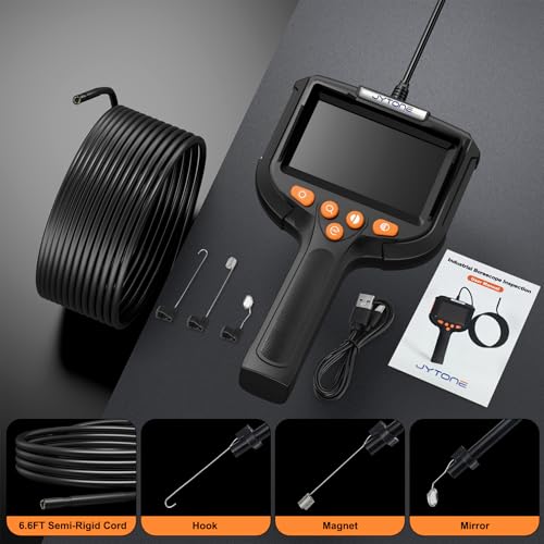 Image of Borescope with Light, 4.3-Inch HD Display, 5.5mm Lens, 6.6 ft, Black | IP67 waterproof protection, six dimmable LEDs, over 4-hour rechargeable battery, hook, magnet, and side-mirror accessories