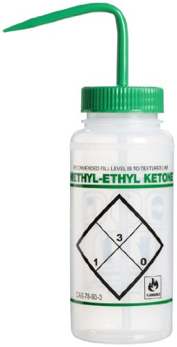 SP Bel-Art Safety-Labeled 2-Color Methyl Ethyl Ketone Wide-Mouth Wash Bottles; 500ml (16oz), Polyethylene w/Green Polypropylene Cap (Pack of 6) (F11646-0611)