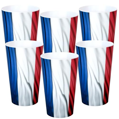 Gobelets Réutilisables Drapeau France, Plastique, 33cl, Lot de 6, pour Anniversaire, Coupe du Monde Football, Sport Français, Ø 7.3 x 11.6 cm