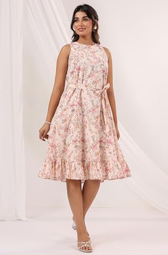 Image of Janasya Women's Peach Pure Cotton Floral Printed A-line Dress