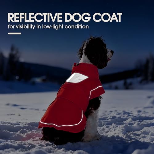 Kuoser Hundemantel Hundejacke, Warme Hundejacke für Große Hunde, Wasserdicht, Mit Reflektierendem Streifen & Leinenöffnung, Leichtes Anziehen durch Klettverschluss, Rot 2XL