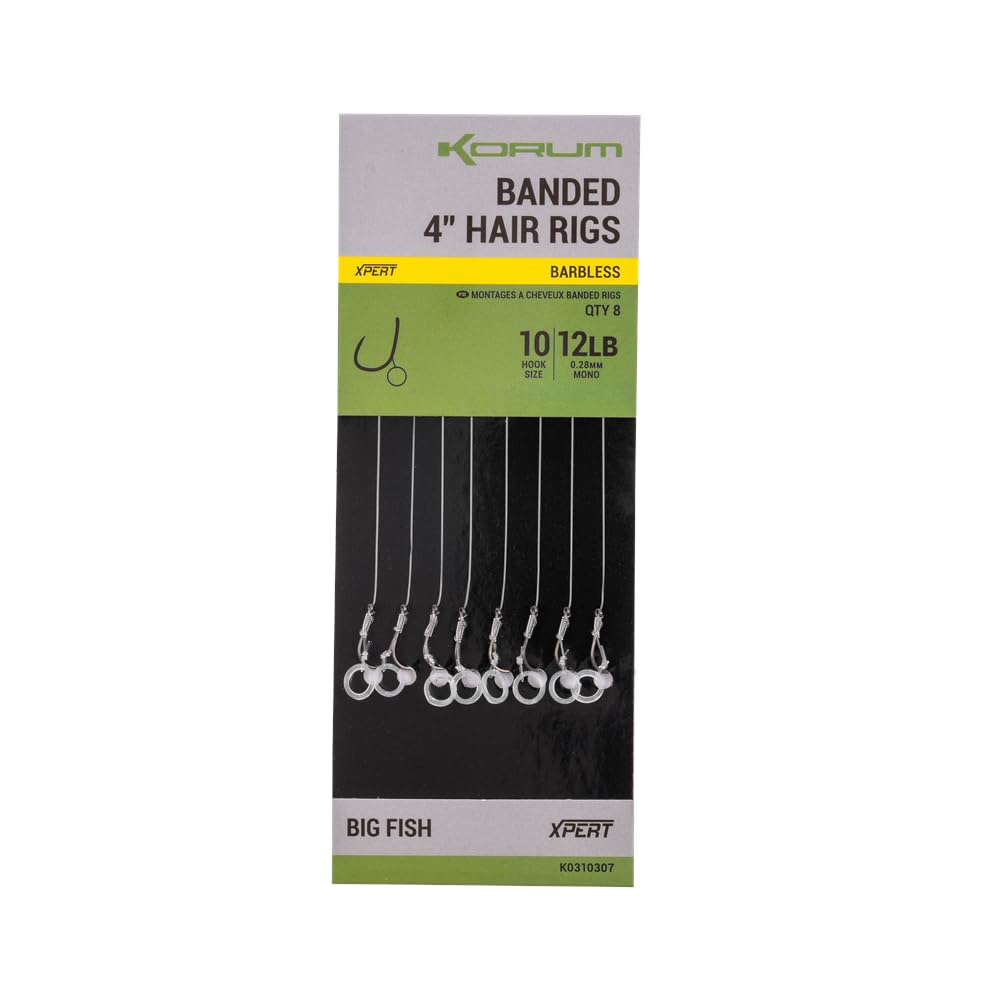 Korum 4" Banded Hair Rigs Barbless Qty 8 (Size 12 10lb)