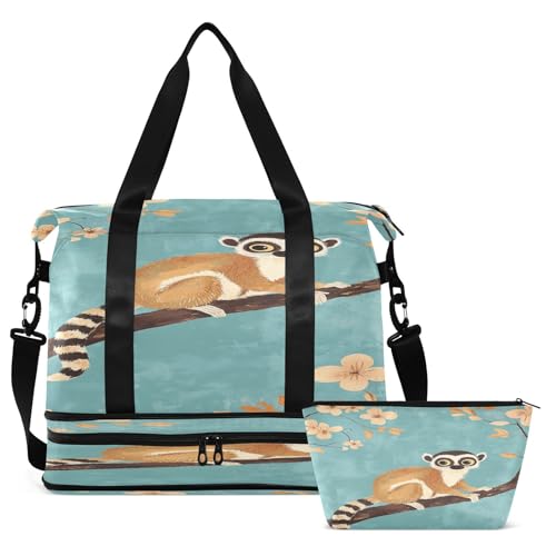 Ringtail Lemur Flowers Teal Travel Duffel Bag for Women Men Gym Bag with Shoe Compartment Wet Pocket Carry On Weekender Overnight Bags for Travel Weekend Getaway