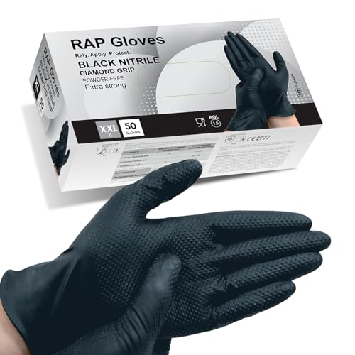 Image of 50 Black Nitrile Disposable Gloves XXL Heavy duty, Diamond Grip Gloves, Latex-Free, Powder-Free, Non-slip, Extra Thick – Ideal For Mechanics, Workshop, and Automotive use.