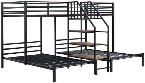Metal Triple Bed with Storage Shelves and Staircase, Twin Over Twin Metal Bunk Bed Frame for Kids & Teens (Black, Twin)