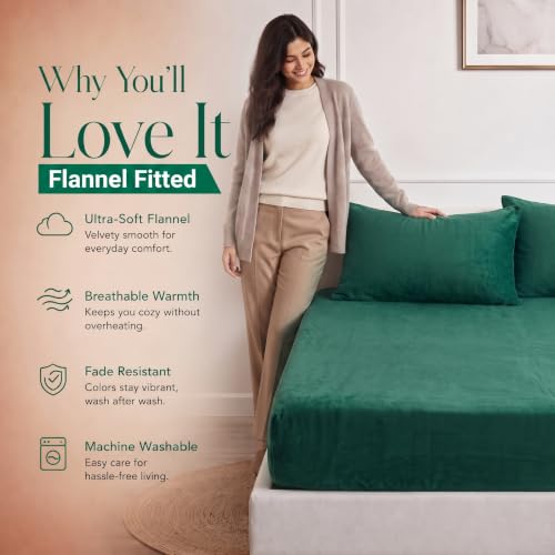 Image of BSB HOME 280 GSM Warm Plush Fitted Bedsheet, Soft Cozy Stretchable Mattress Sheet with Elastic Fitted Corners, Comfortable Winter Bedding for Double Bed, 72 x 78 + 8 Inches(183x198+20 cm) - Jade Green