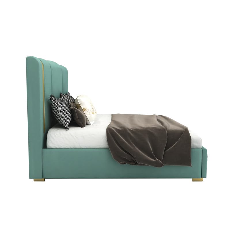 Image of STRATA FURNITURE Solid Wood Queen Size Bed with Box Storage and Upholstered Headboard | Modern Wooden Double Bed Cot Palang Furniture for Bedroom, Hotels, Living Room, and Home (Greendust)