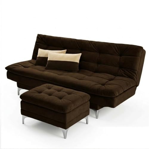 Image of FURNY Supersoft 3 Seater Fabric Sofa Cum Bed with Ottoman (Dark Brown) Premium Velvet Finish with Extra 2 Cushions | Ideal for Living Rooms, Bedrooms, Offices