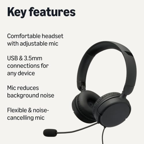 Image of Amazon Basics On Ear Wired Computer Headset with Adjustable Microphone, 3.5mm Port or in-Line Control with USB-A Port, Foldable, Clear Sound, Small /Medium Size, Black
