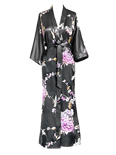 OLDSHANGHAI Women's Satin Kimono Robe Long - Floral - Chrysanthemum & Crane - Gunmetal (grey), Satin Kimono Robes for Women with Floral Designs, 52 inches in Length, One Size Fits Most.