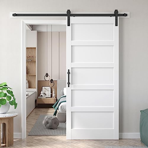 Fredbeck 38x84 inch White Barn Door with 6.6 FT Sliding Door Hardware Kit Included & Handle,MDF,Solid PVC Surface,DIY Assembly,5-Panel