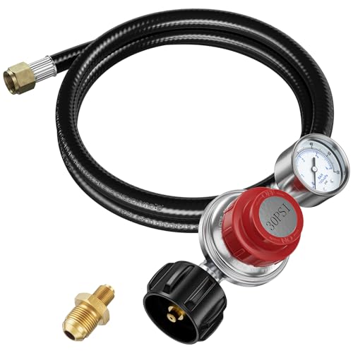 Rushare 0-30 PSI Adjustable Propane Regulator with Gauge 5 FT High Pressure Propane Regulator for Gas Burners Turkey Fryers Heaters Fire Pits Comes with A 3/8 M Flare x 1/8 M NPT Adapter
