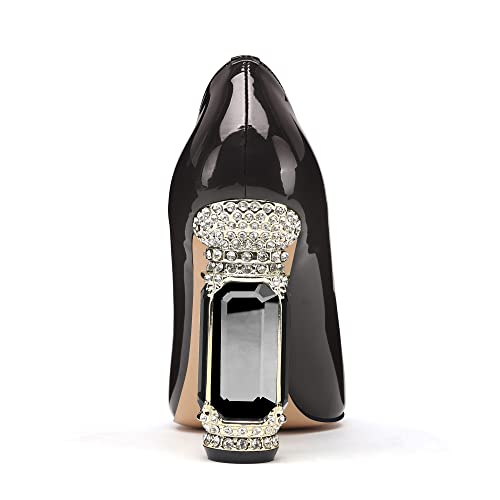 Image of JANSEVEN Women Chunky Heels Pumps Crystal Block Heels with Rhinestones Pointed Toe Sexy Gradient Patent Leather Slip on Bridal Party Wedding Dress Shoes 5-13 M US