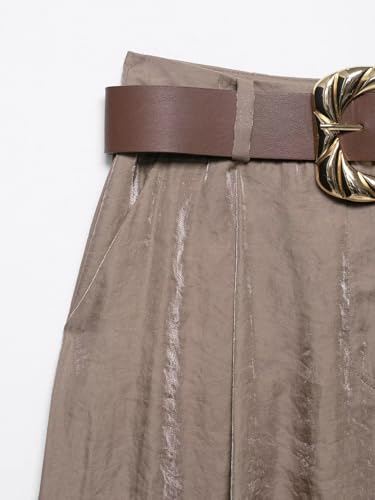 Women's Flowy Satin-Texture Wide Leg Pants with Belt and Pockets, High Waisted Zipper Closure Trousers3