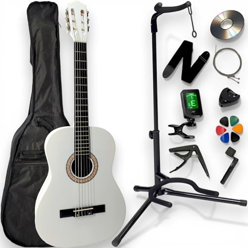 AMROVA - Pack Guitare Classique 4/4 Droitier + Support Pied + Housse Sac à Dos + 11 Accessoires + CD & Cours Vidéo (Blanc, 4/4, Droitier)