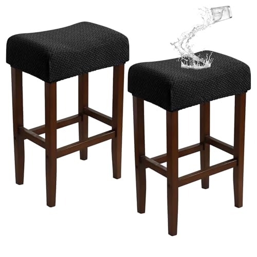 Image of Waterproof Bar Stool Covers Rectangle 2 Pack Black Jacquard Stretchable Backless Barstool Seat Cover Counter Bar Stool Slipcovers Washable