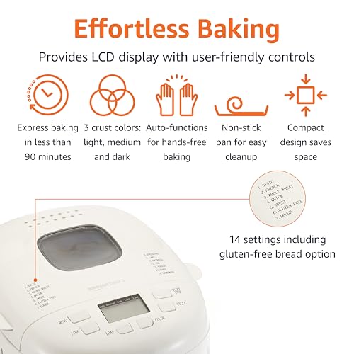 Amazon Basics Programmable Bread Maker, 2 Pound Non-Stick Automatic Bread Making Machine, 14 Settings for Breads, Doughs, Gluten-Free Options and More, LCD Display, White image 2