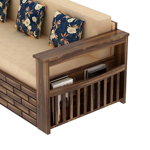 Image of Ganpati Arts Italian Solid Sheesham Wood 3 Seater Sofa Cum Bed with Side Pockets for Storage and Fabric at Back Wooden Sofa Furniture for Living Room Home (Teak Finish)