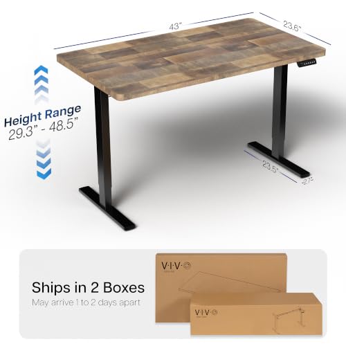 Image of VIVO Reclaimed Wood 43 x 24 in Standing Desk, DESK-KIT-1B4P | Electric, Holds 220 lbs, Sit Stand, Height Adjustable, Solid One-Piece Table Top, Memory Presets, 1B Series, Black Frame
