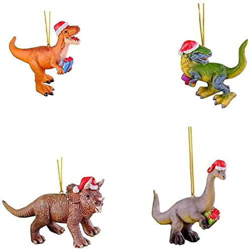 Lot de 4 décorations de Noël en forme de dinosaure à suspendre - Décoration amusante pour sapin de Noël 3D - Pour intérieur et extérieur Cover