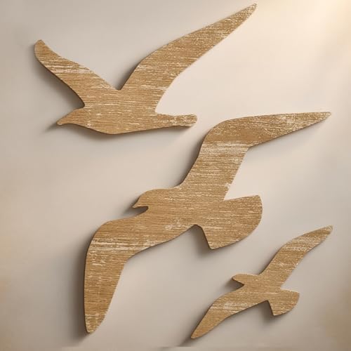 MOAZIFI Maritime Deko, 3 Stück Wand Deko Holz Möwen Set in Verschiedenen Größen, Maritime Wanddeko für Wohnzimmer, Wanddeko Holz, Schlafzimmer,...