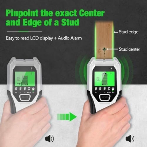 Stud finder detecting a live AC wire, with a person about to drill