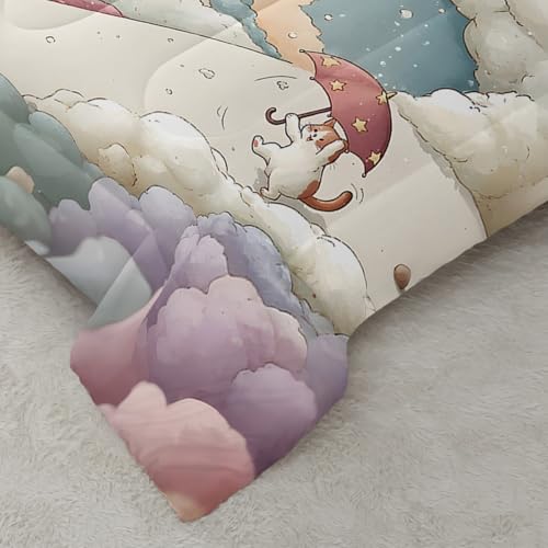 Image of AILONEN Aesthetic Sky Comforter Queen Size 3 Pieces Whimsical Cat Path Bedding Master Guest Room Luxury Decor Pastel Rainbow Quilted Blanket All Season Microfiber Bedspread Set