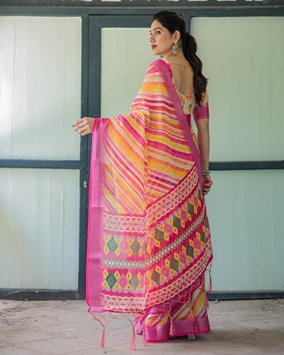 Image of Kaugalian store Linen Cotton Floral Printed Saree for Women with Unstitched Blouse Piece | 5.5 M Saree & 0.8 M Blouse