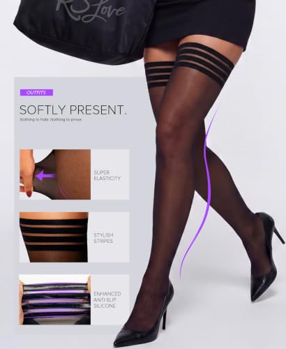 Image of RSLOVE Thigh High Stockings for Women - Stripe Top with Anti-Slip Silicone Stay Up Sheer Pantyhose for Cosplay, Date Night