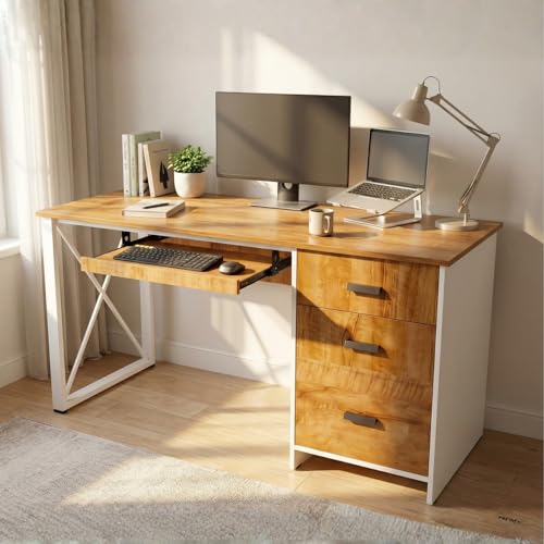Image of FFO Work from Home Desk | Office Desk for Home | Work Table for Home Office | Study & Computer Desk with Drawer Storage and Keyboard Tray | Modern Wooden Home Office Desk